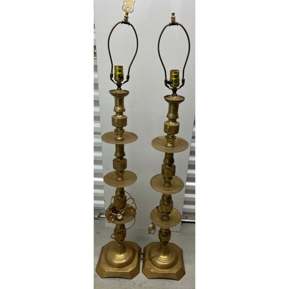Vintage 1965 Moroccan Tall Solid Brass Candle Holders Converted Into Floor Lamps - Picture 1 of 10